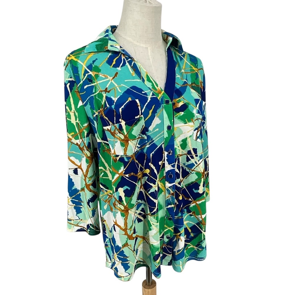 Womens Abstract Print Button Up‎ Shirt Green Blue Gold 3/4 Sleeve